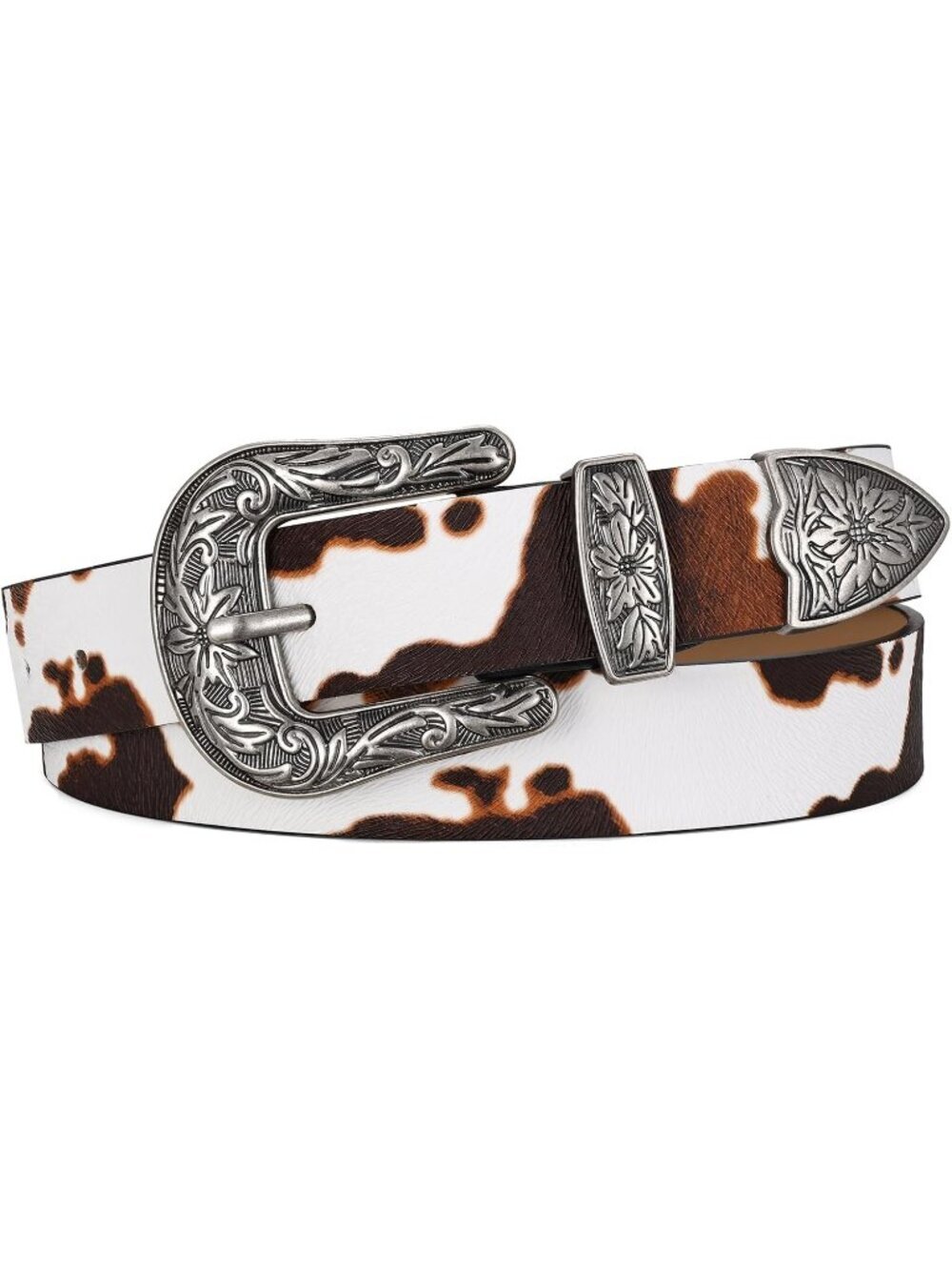 Women's Cow Print Leather Belts Vintage Western Design Silver Buckle Waist Belt